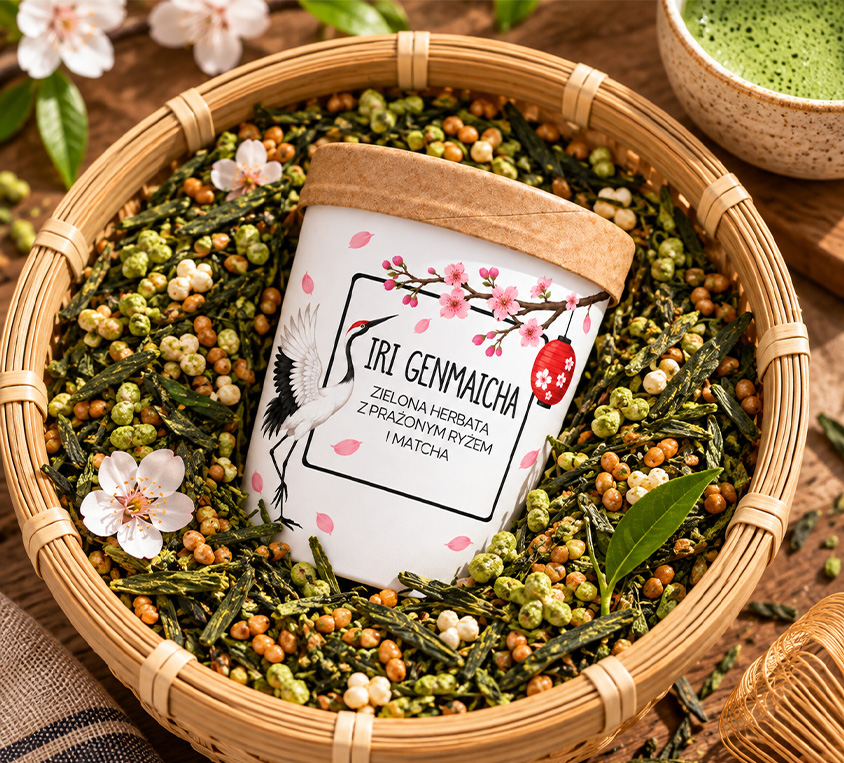 Iri Genmaicha Leo Tea – japońska zielona herbata z prażonym ryżem i matchą w kubku tekturowym